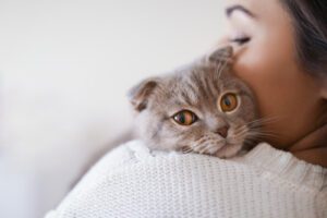 female-owner-cuddling-with-cat-on-her-shoulder