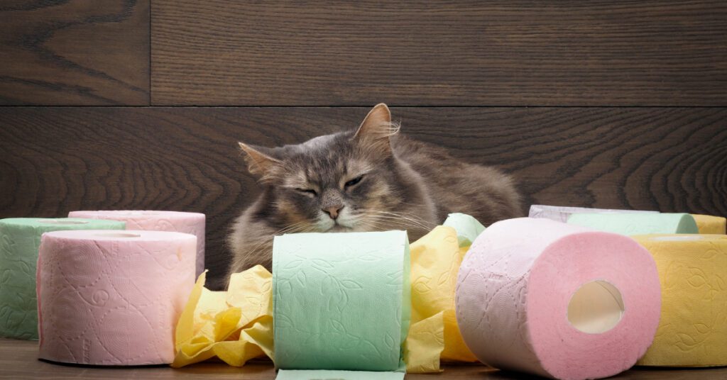 cat laying on the floor surrounded by multicolored rolls of toilet paper